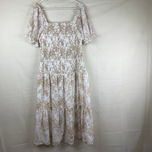 NWT SHE SKY Sz L Floral Smocked Midi Dress Puff Sleeve Boho Cottagecore Tiered - Picture 8 of 10